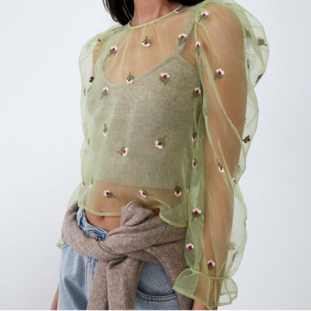 Zara Sheer Blouse Women's Small Green Embroidered Mesh Floral Puff Sleeve